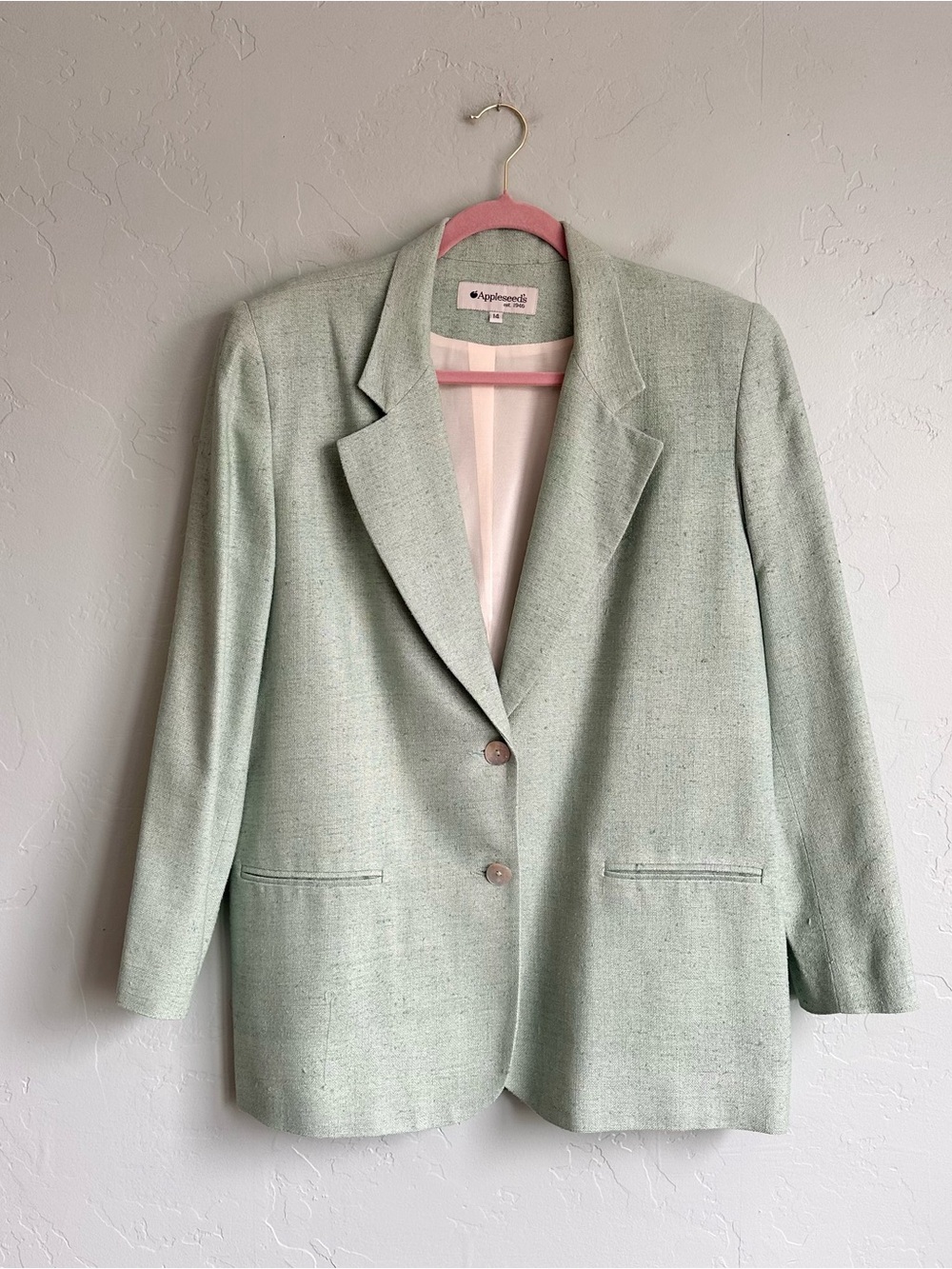 Vintage Appleseed's Women’s Seafoam Green 100% Silk Blazer Summer Jacket Size 14